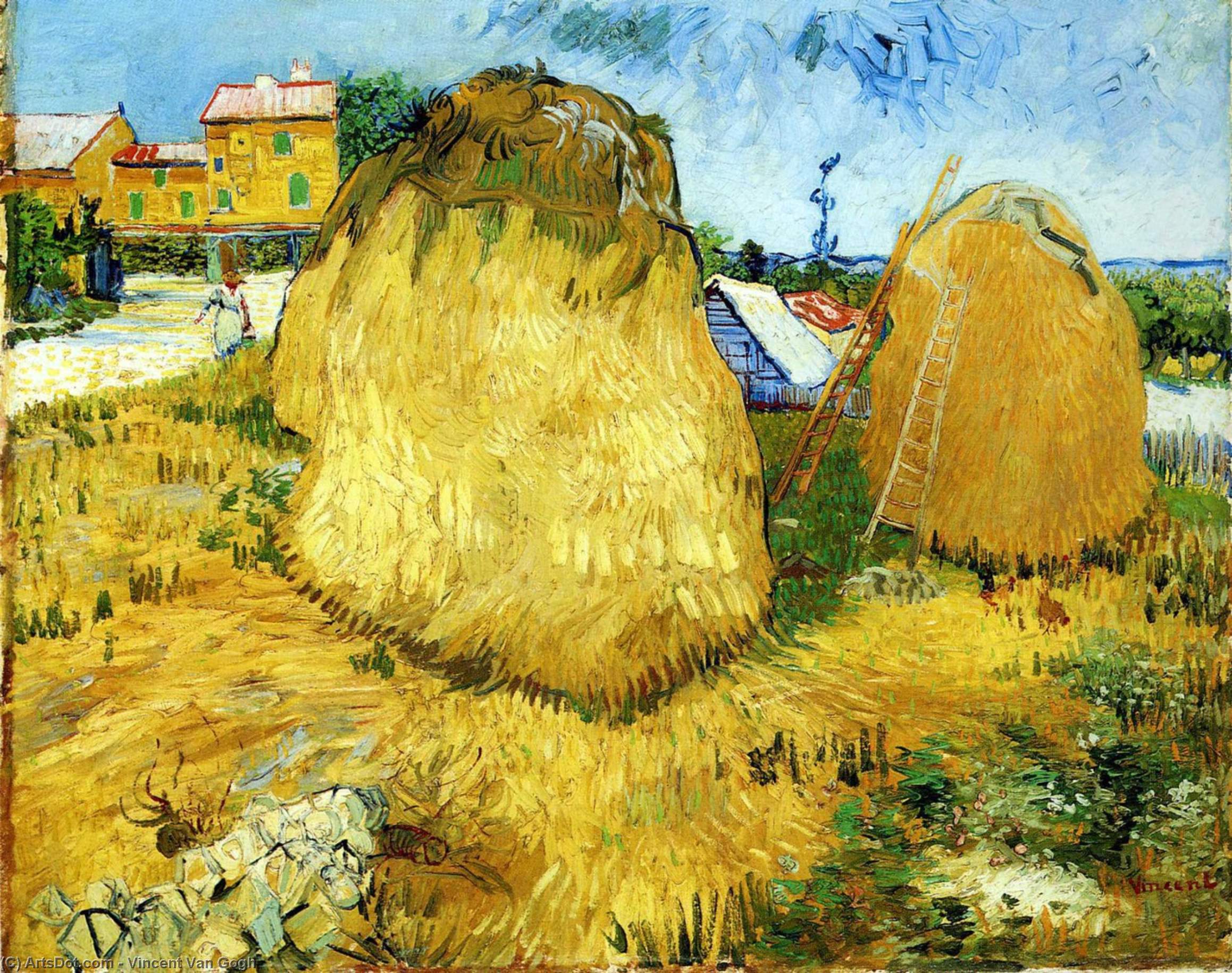 Stacks Of Wheat Near A Farmhouse — Vincent Van Gog