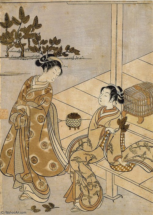 Two Girls And Pine Needles — Suzuki Harunobu