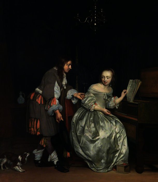 Interior With A Lady At A Spinet And A Gentleman Offering Her A Glass Of Wine — Gabriel Metsu