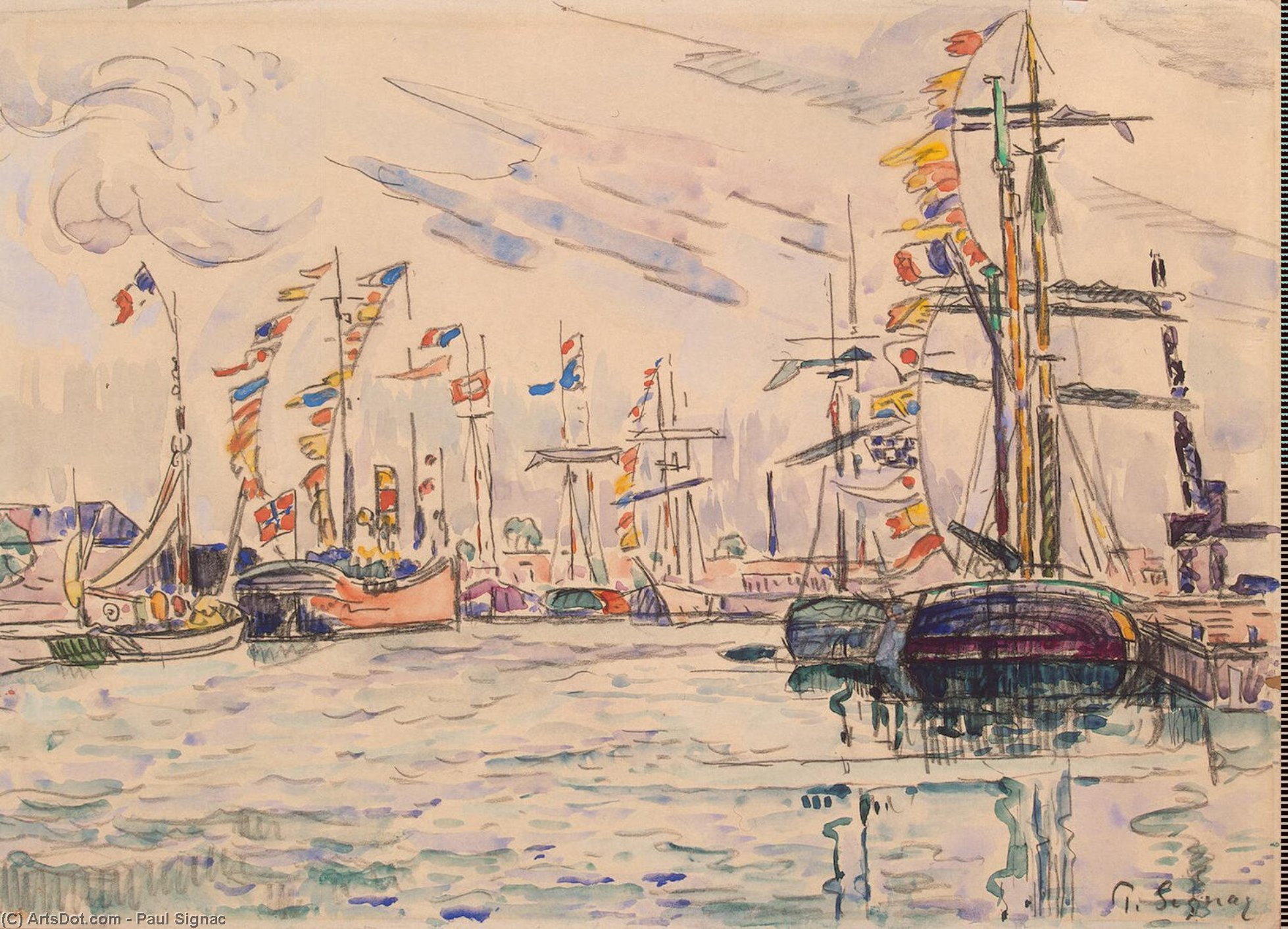 Sailboats With Holiday Flags At A Pier In Saint-malo — Paul Signac