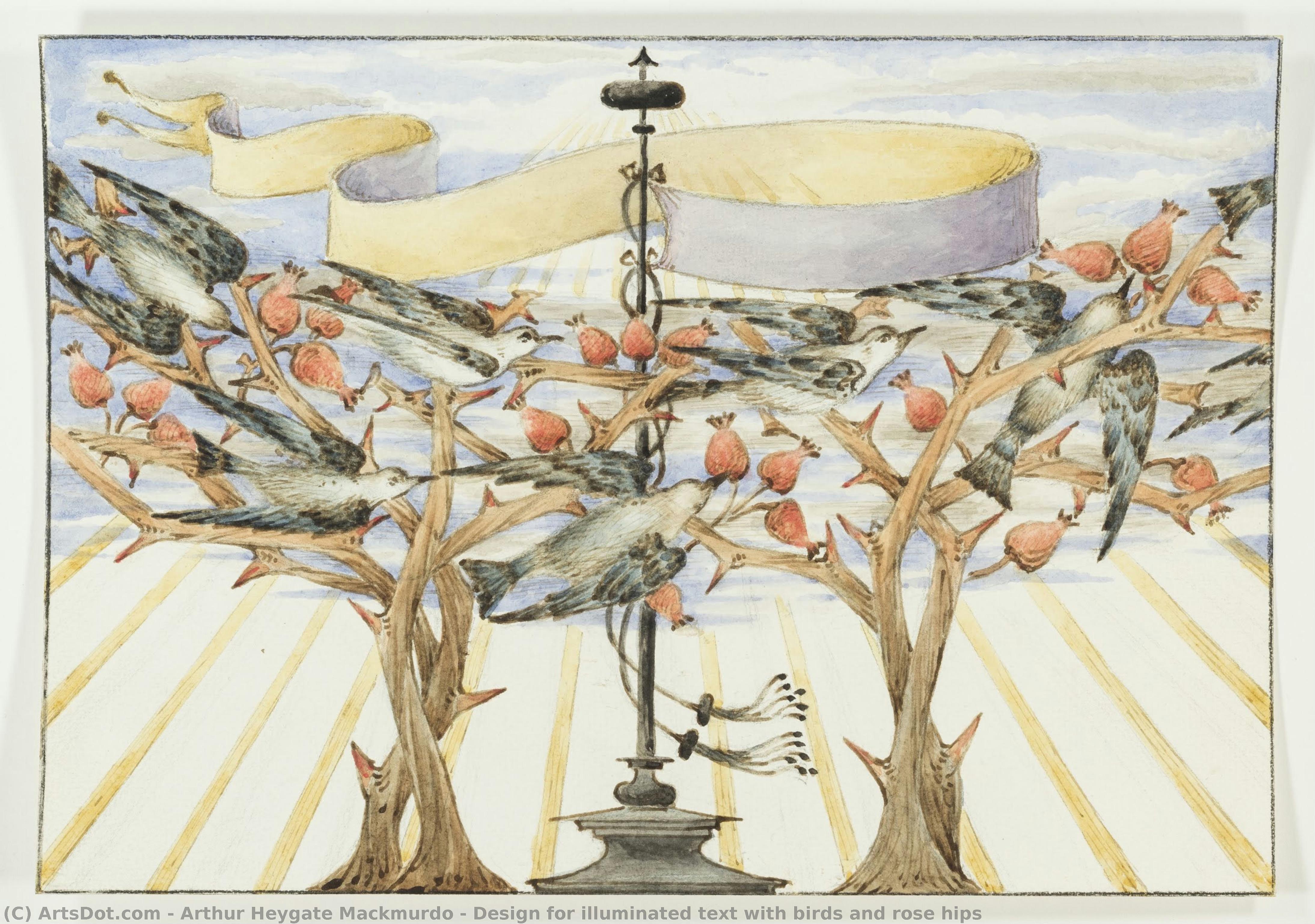 Design For Illuminated Text With Birds And Rose Hips — Arthur Heygate Mackmurdo