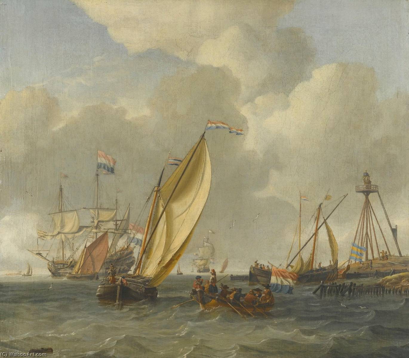 Dutch Ships On Choppy Coastal Waters By A Spit Of Land With A Beacon — Abraham Storck (sturckenburch)