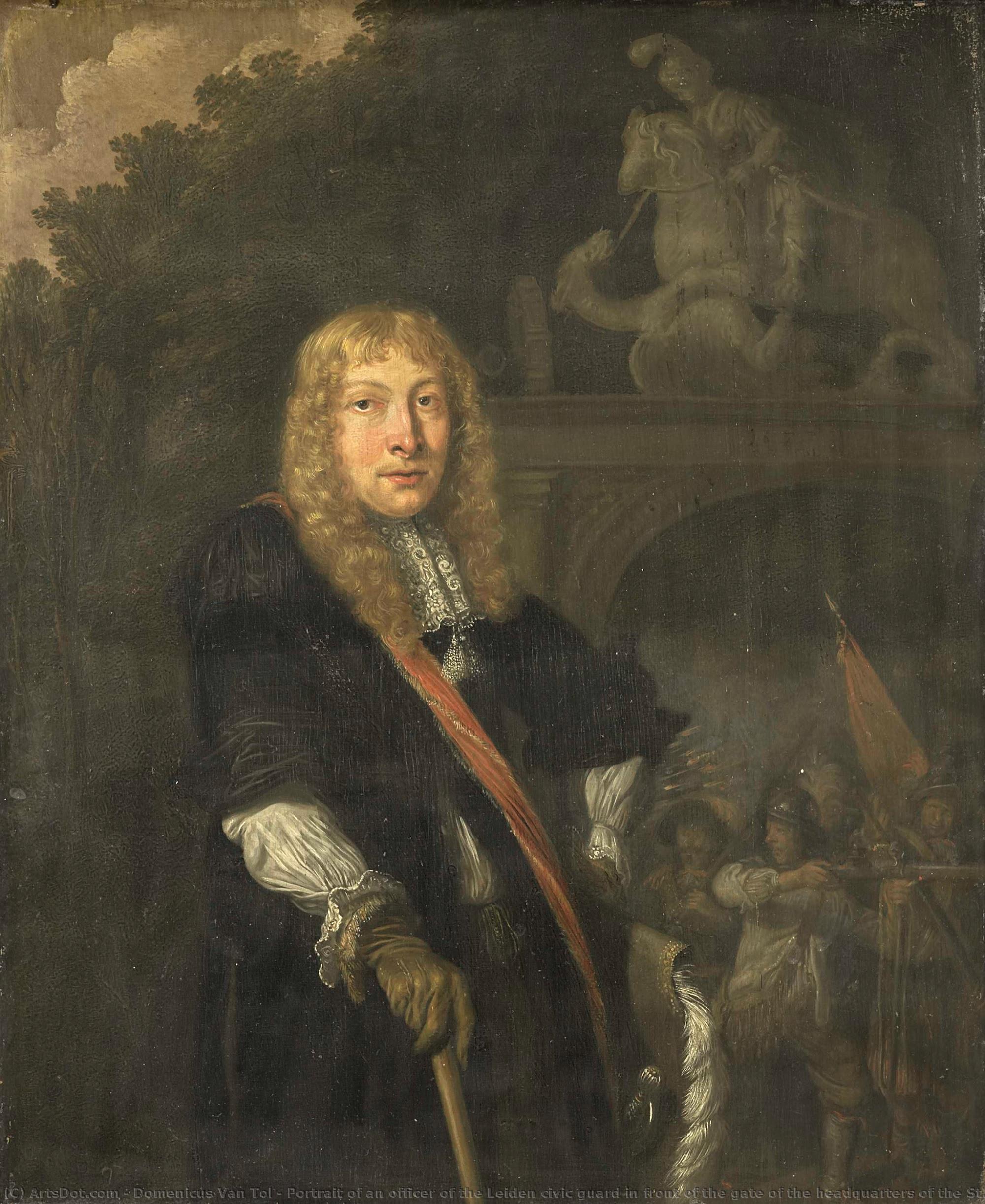 Portrait Of An Officer Of The Leiden Civic Guard In Front Of The Gate Of The Headquarters Of The St. George Guards, Domenicus Van Tol, 1673 — Domenicus Van Tol