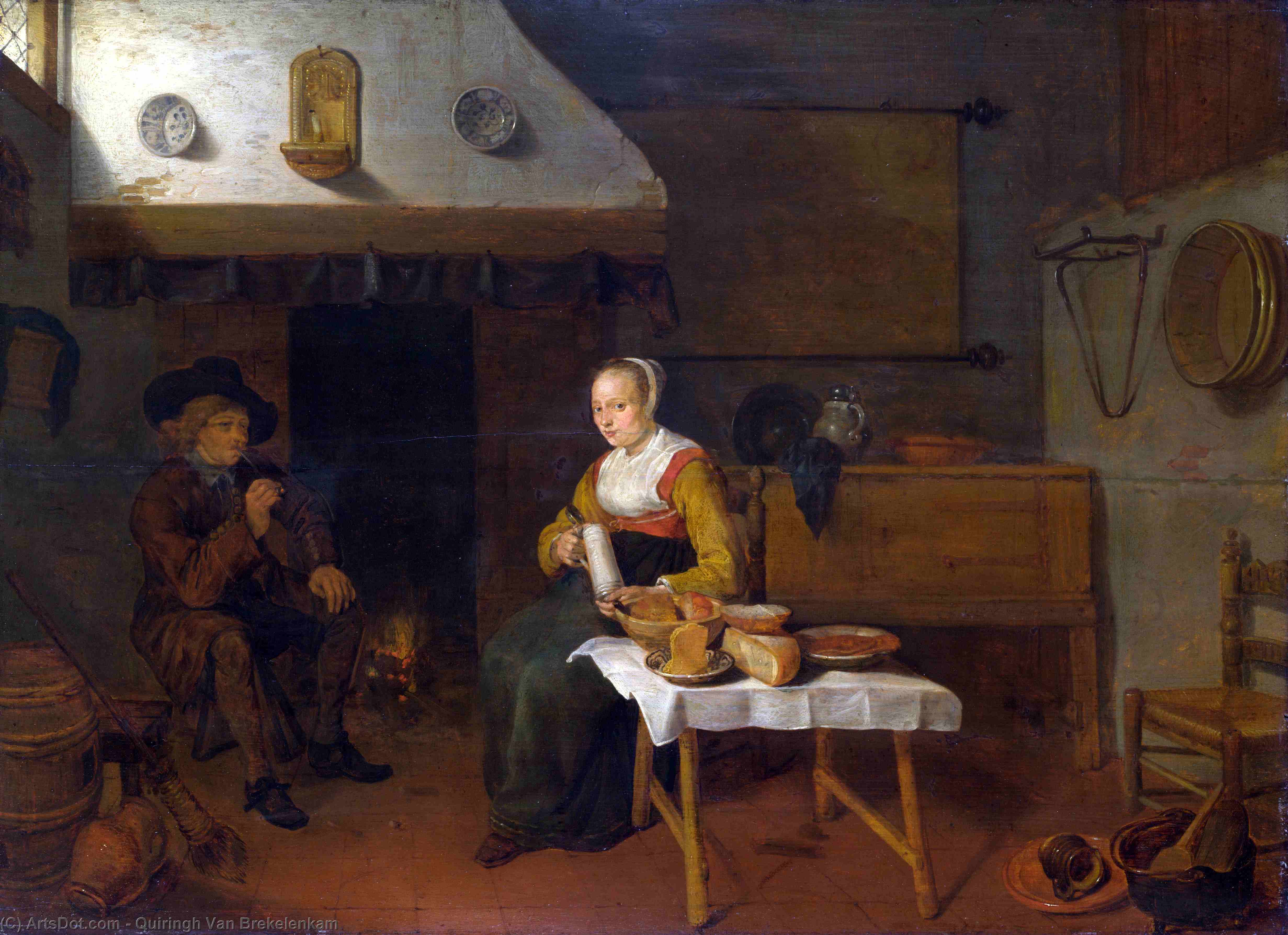 An Interior, With A Man And A Woman Seated By A Fire — クィリン・ヘリットス・ファン・ブレケレンカム