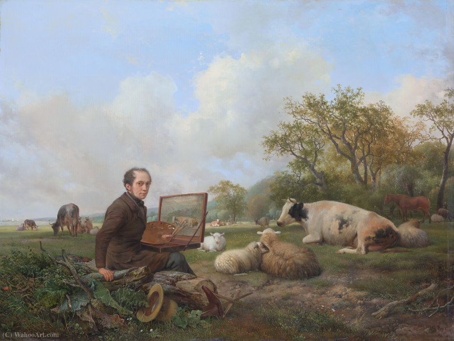 The Painter Himself, Painting In A Meadow Landscape With Cattle. — Hendrikus Van Den Sande Bakhuyzen