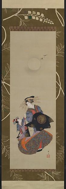 Beauty Of The Yoshiwara With Apprentice In Moonlight — Teisai Hokuba