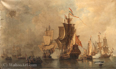 An Amsterdam Man-of-war Firing A Salute Across The Bows Of A Ferry Bringing Dignatories — Everhardus Koster