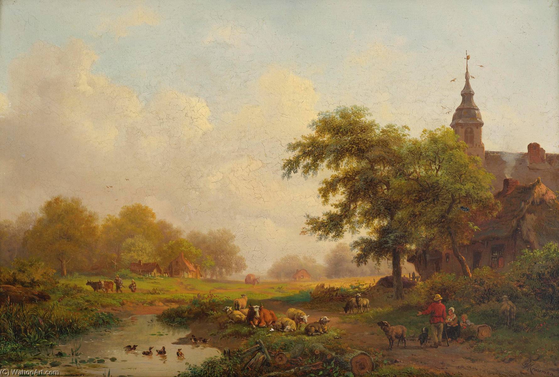 Summer Landscape With Sheperds And Cattle Near A Village — Frederick Marianus Kruseman