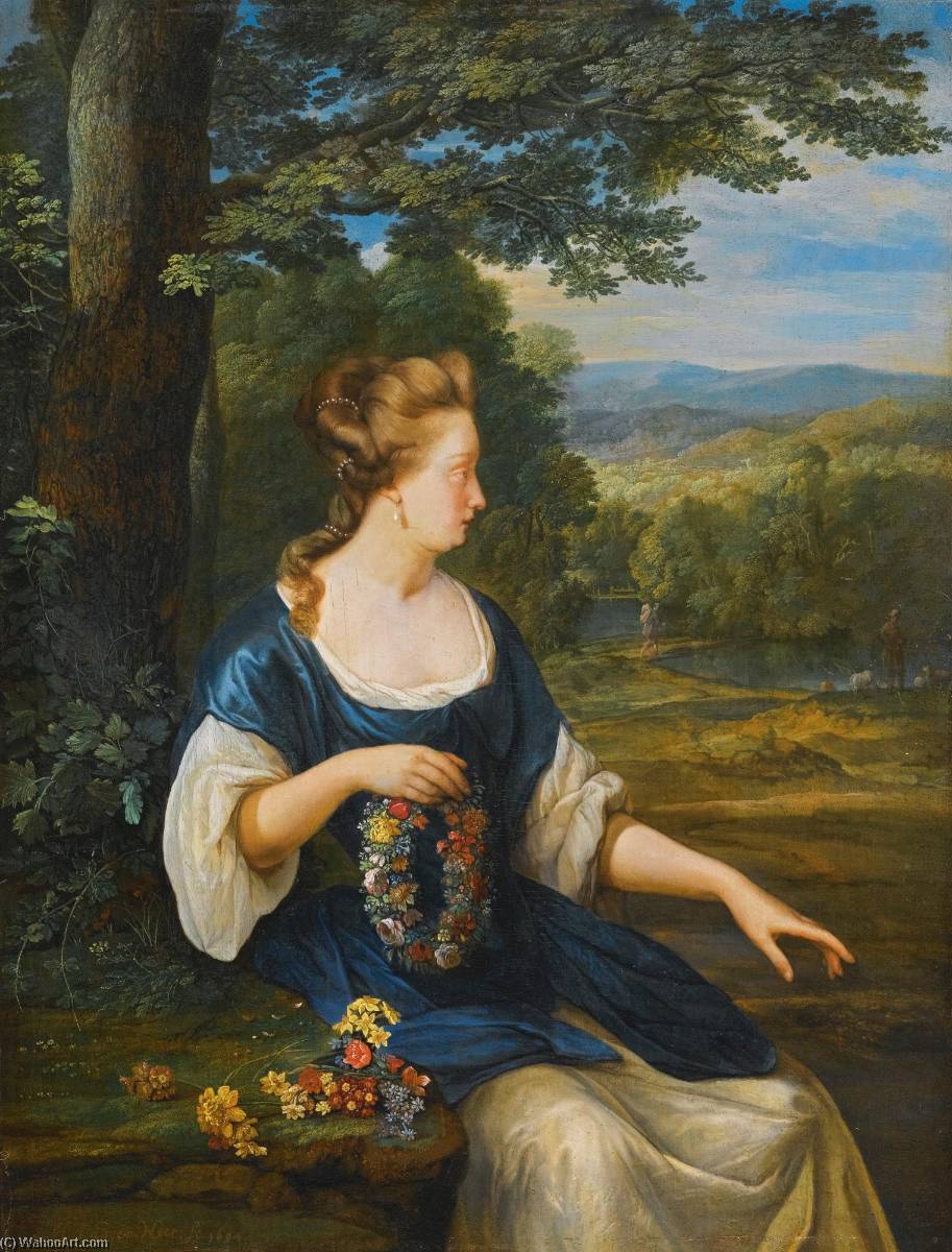 Portrait Of A Young Woman, Three Quarter Length, Seated In A Landscape Holding A Floral Wreath — Eglon Hendrik Van Der Neer