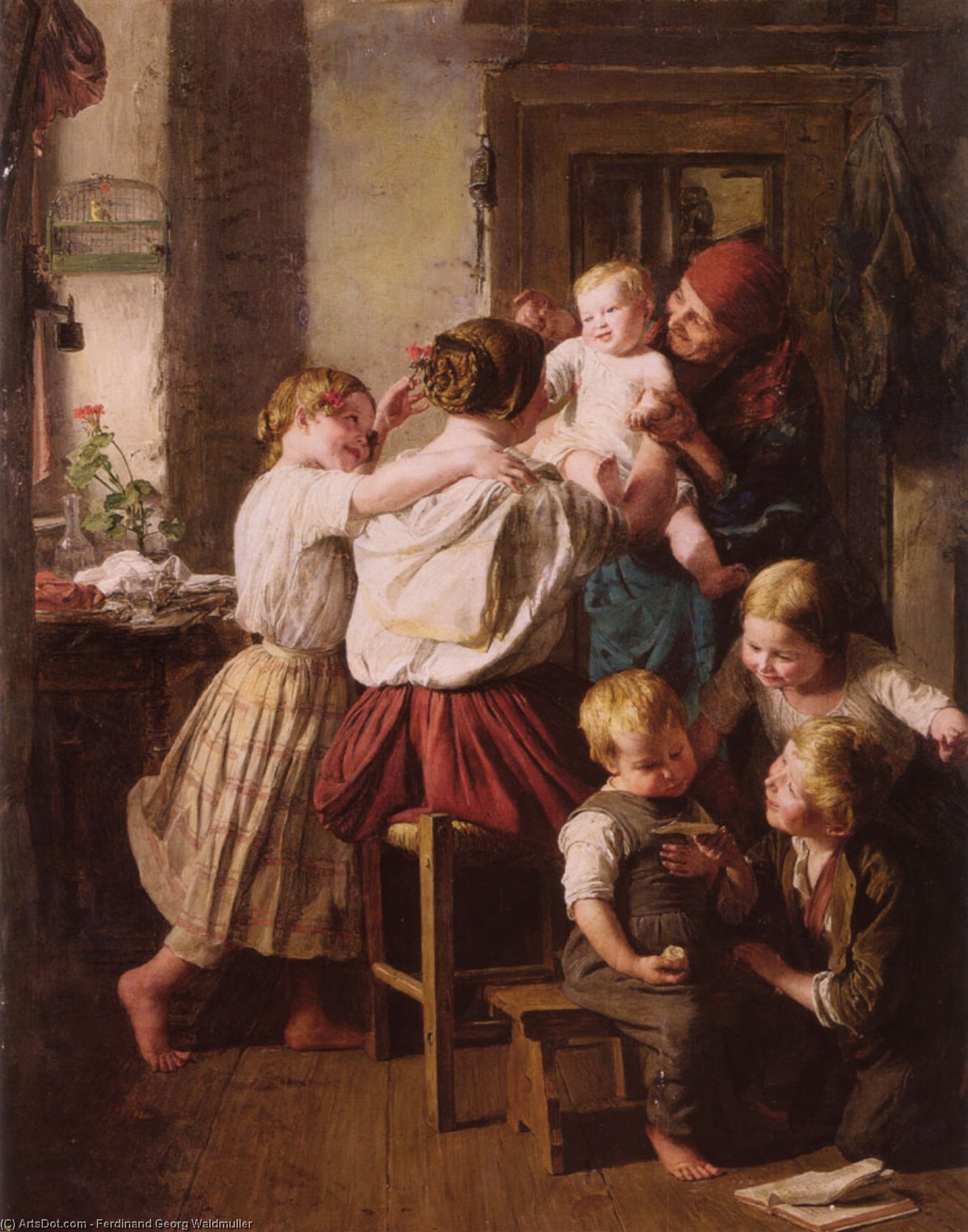Children Making Their Grandmother A Present On Her Name Day — Ferdinand Georg Waldmüller