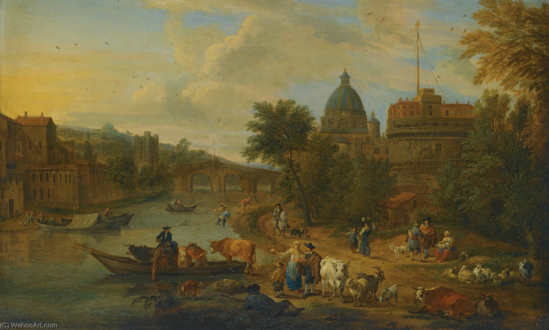 Rome A Capriccio View Of The Tiber With The Castel Sant'angelo, Peasants With Their Cattle On The River Banks — Mathys Schoevaerdts