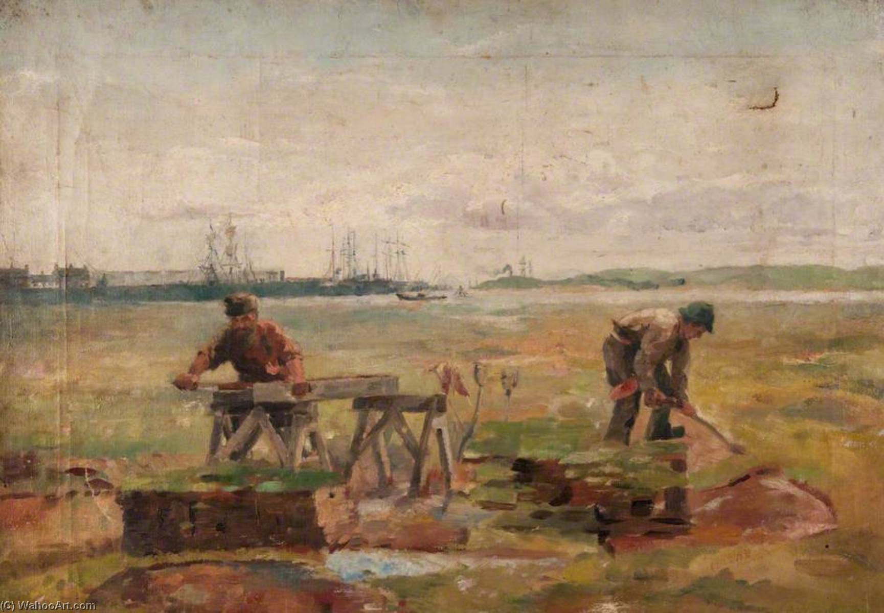Two Workmen With A Background Of Sailing Ships — John Elliot Maguire