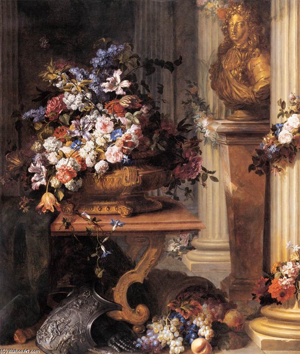 Flowers In A Gold Vase, Bust Of Louis Xiv, Horn Of Plenty And Armour — Jean Baptiste Belin De Fontenay