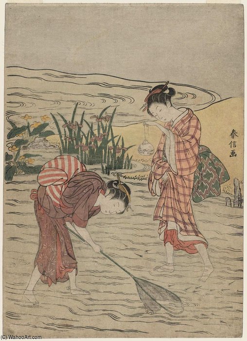 Young Women Fishing With A Net — Suzuki Harunobu