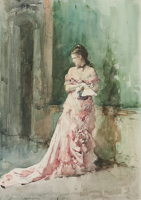 Portrait Of A Lady, Full-length, In An Evening Dress, Holding A Fan — Francisco Pradilla Ortiz