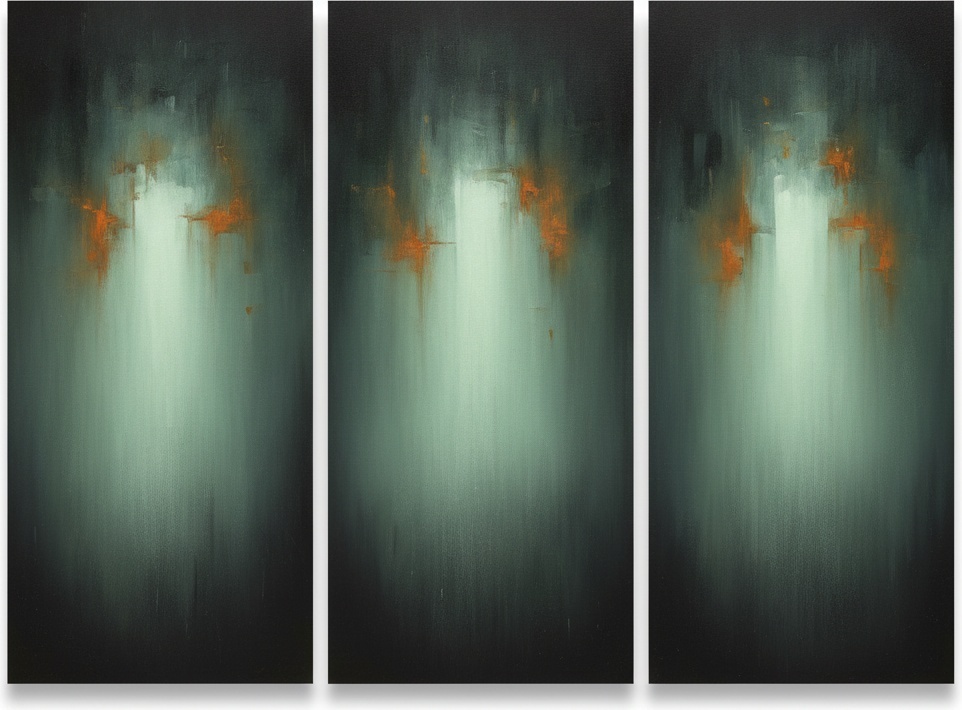 Ethereal Fractures Of Light Amidst The Somber Shadows Of A Triptych Monolith — Christian Noiret