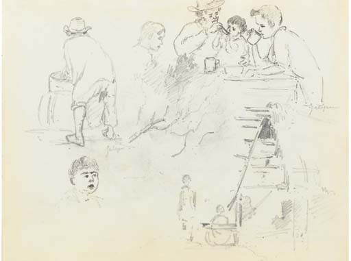 A Man Feeding A Baby And Two Boys Drinking At A Table, A Man Seen From Behind — Camille Pissarro