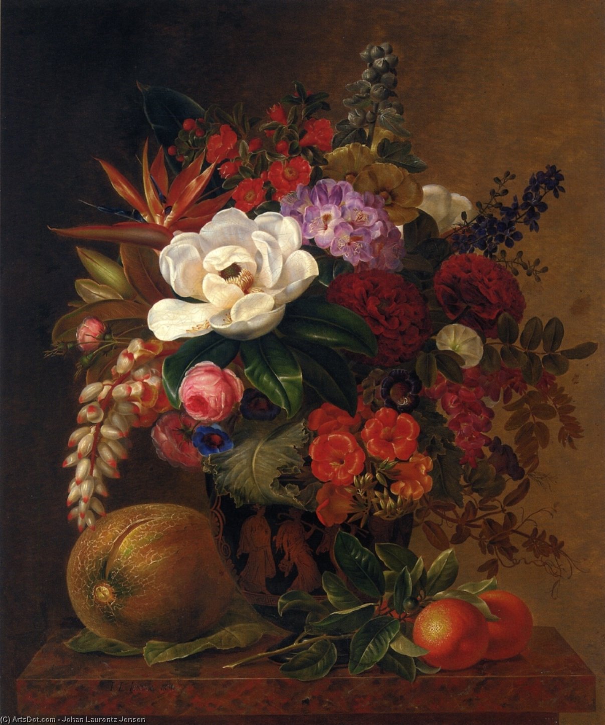 Exotic Blooms In A Grecian Urn With Fruit On A Marble Ledge — Johan Laurentz Jensen