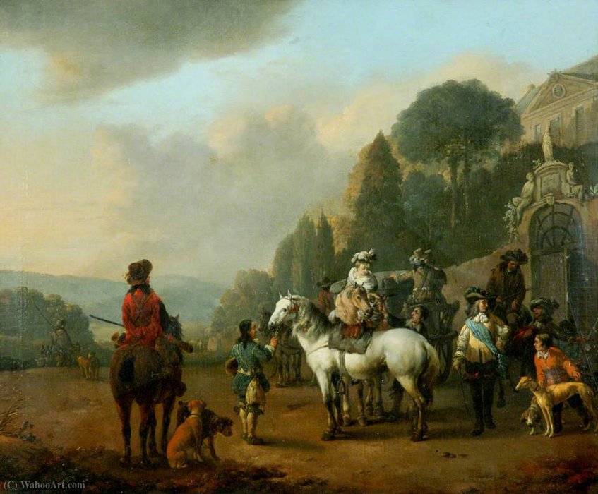 A Party Of Falconers Outside The Gates Of A Château — Johannes Lingelbach