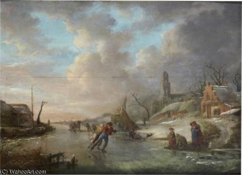 Vinterlandskap Med Skridskoåkare — Andries Vermeulen
