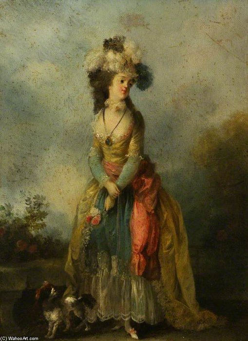 A Lady Walking With A King Charles Spaniel — Jean Frédéric Schall