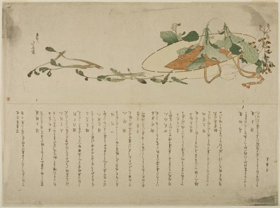 Traveling Hat With Spring Greens — Katsushika Hokusai