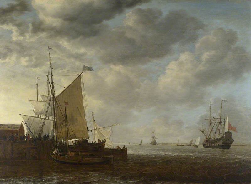 A View Of An Estuary, With Dutch Vessels At A Jetty And A Dutch Man Of War At Anchor — Simon Jacobsz De Vlieger