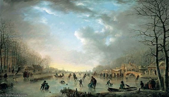 Winter Landscape With A Frost Fair And Figures Skating Upon A Frozen River — Andries Vermeulen