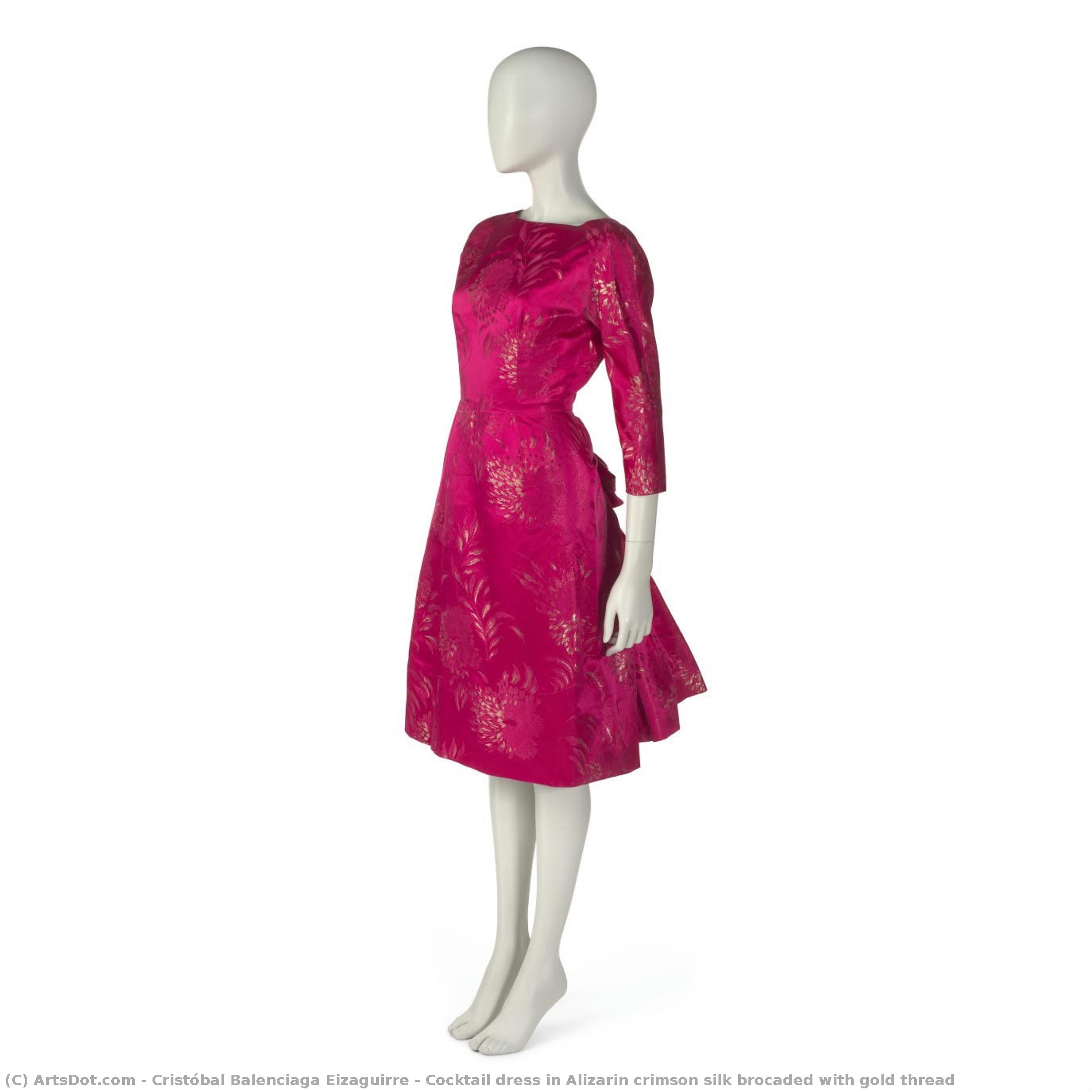 Cocktail Dress In Alizarin Crimson Silk Brocaded With Gold Thread — Kristobal Balensiga Ejzagire