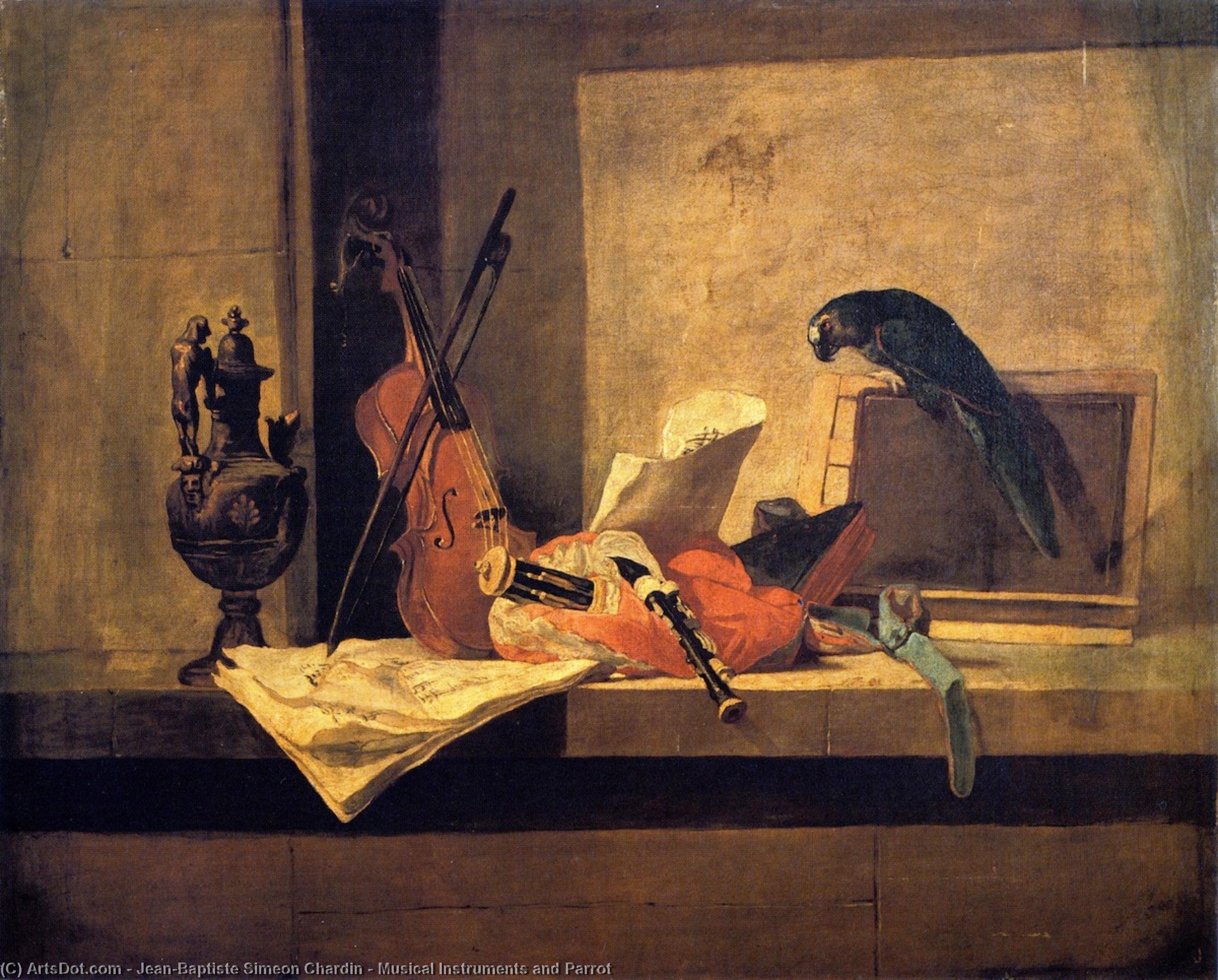 Musical Instruments And Parrot — Jean-baptiste-siméon Chardin
