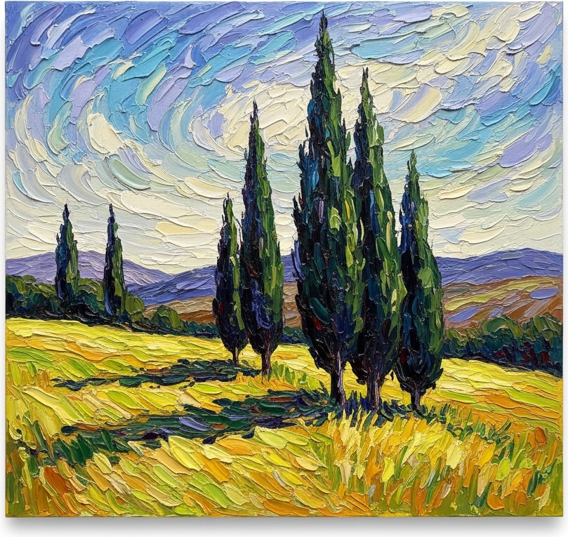 Leuchtende Goldene Wiese Unter Einem Wirbelnden Himmel Aus Expressiven Blaugrünen Zypressenschatten — Laurent Mercier