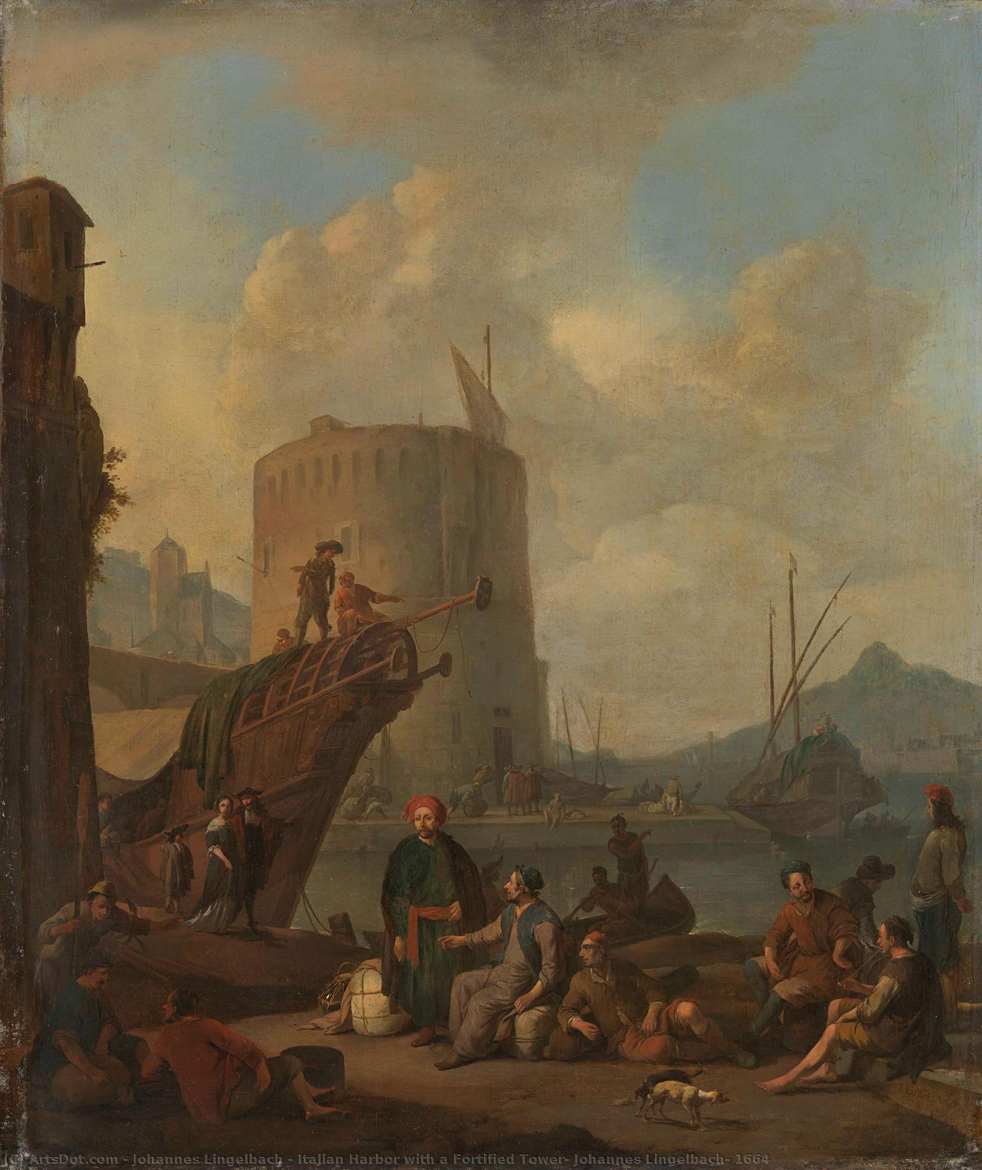 Italian Harbor With A Fortified Tower, Johannes Lingelbach, 1664 — Johannes Lingelbach