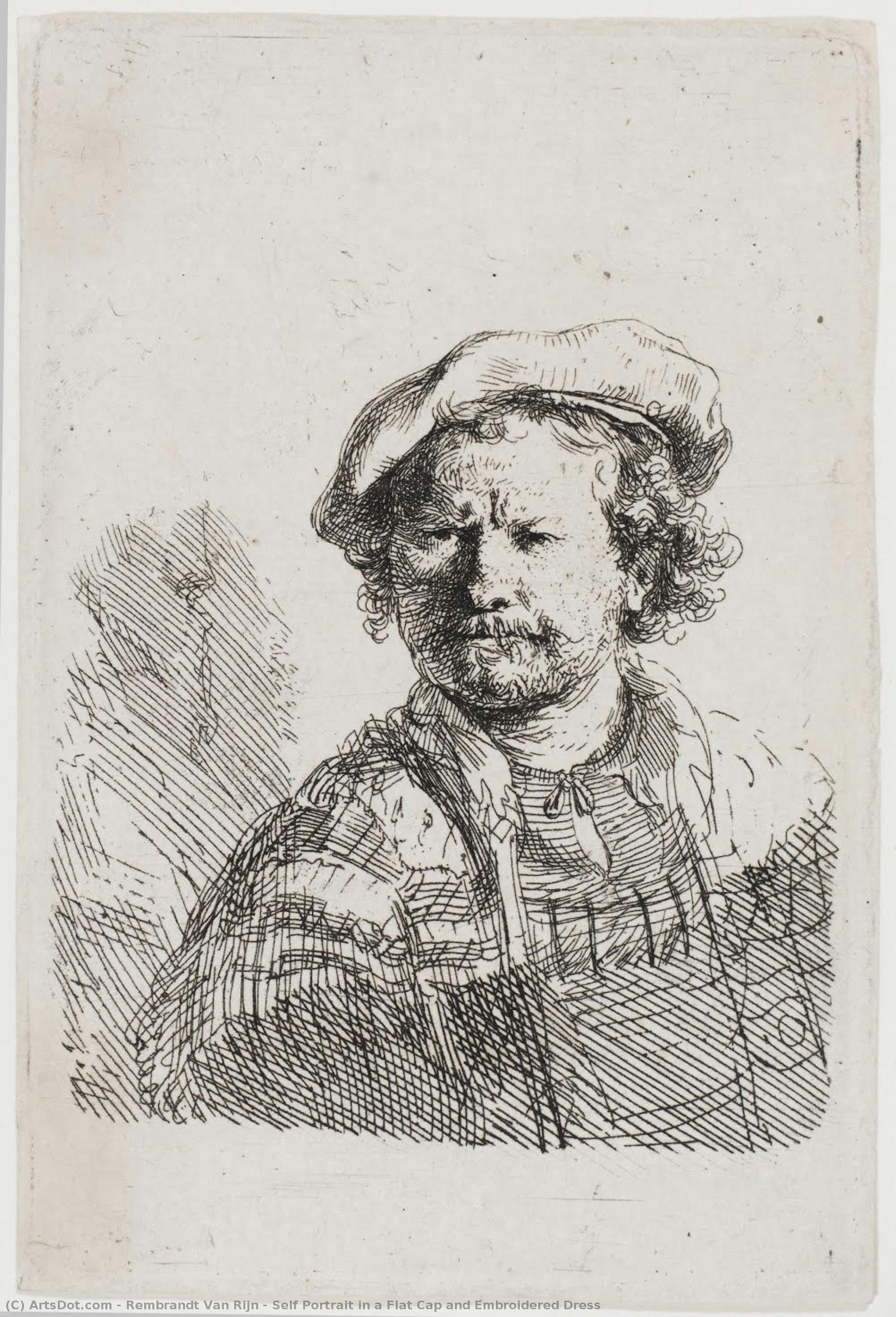 Self Portrait In A Flat Cap And Embroidered Dress — Rembrandt Van Rijn