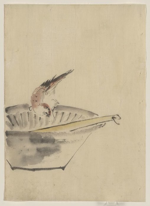A Bird Perched On The Edge Of A Bowl, With Head Cocked, Looking At A Utensil In The Bowl — Katsushika Hokusai