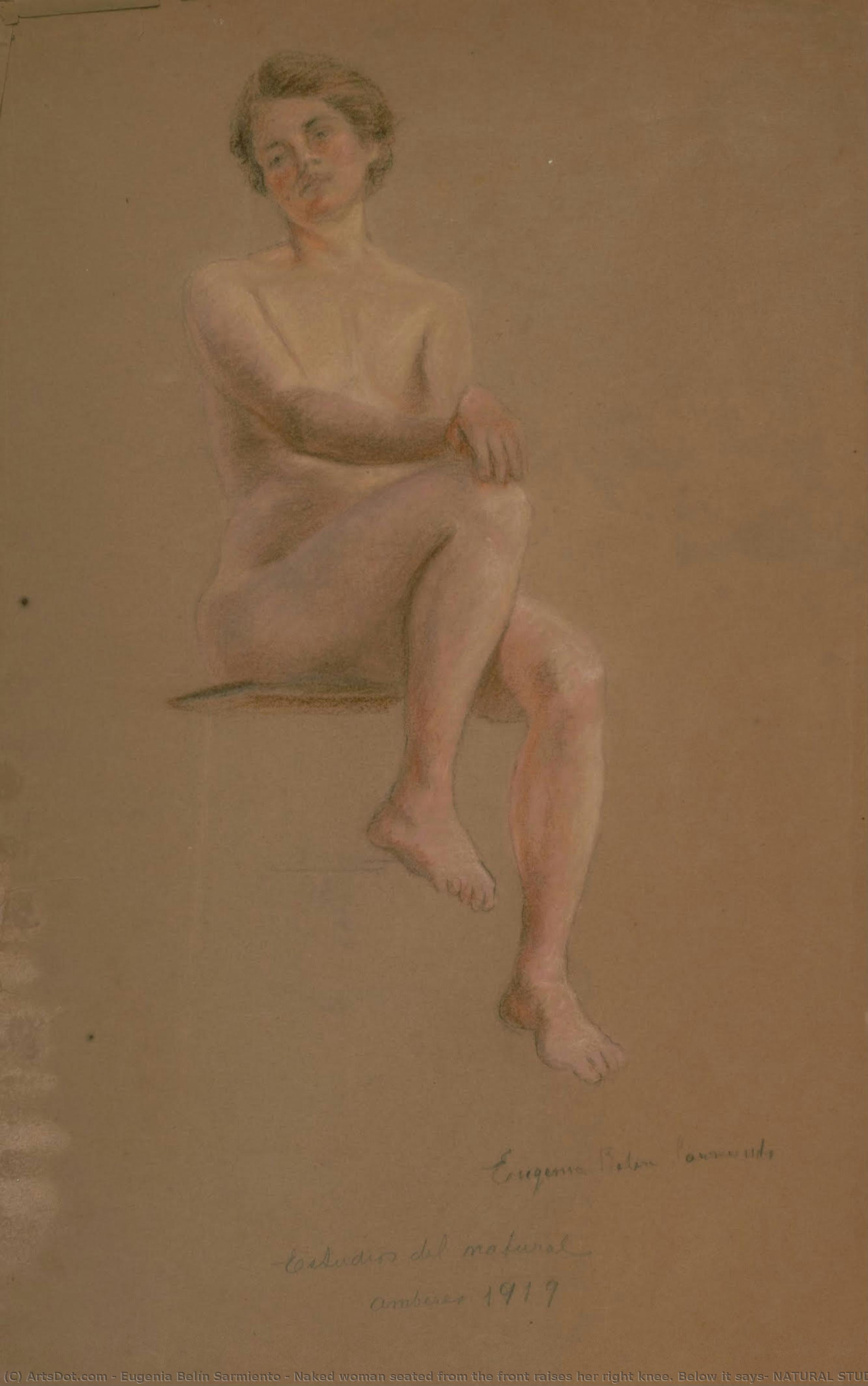 Naked Woman Seated From The Front Raises Her Right Knee. Below It Says: Natural Studies, Antwerks, 1919 — Eugenia Belín Sarmiento