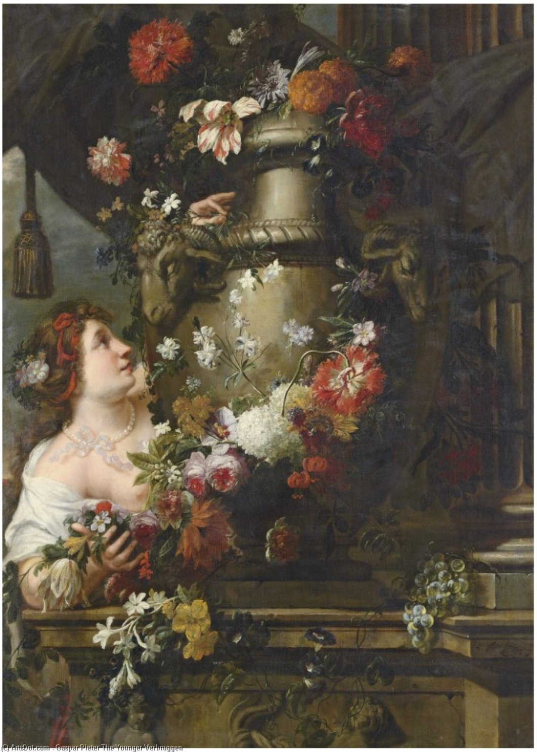 A Lady Adorning A Sculpted Urn With Roses, Lilies And Other Flowers, With A Draped Column And Grapes On A Stone Ledge — Gaspar Pieter The Younger Verbruggen