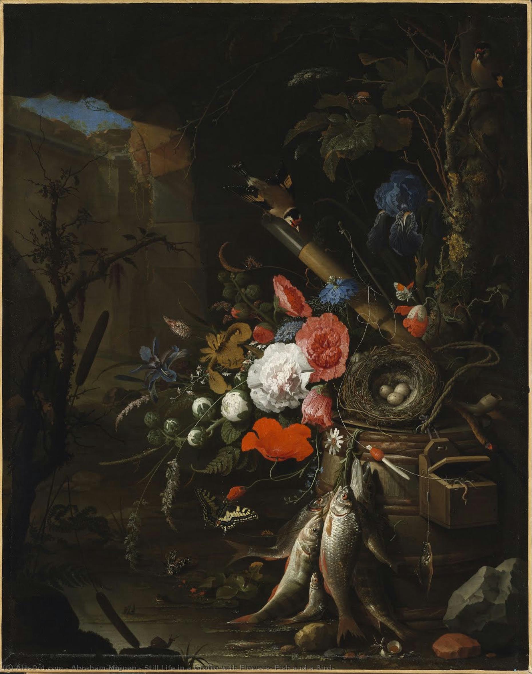 Still Life In A Grotto With Flowers, Fish And A Bird — Abraham Mignon
