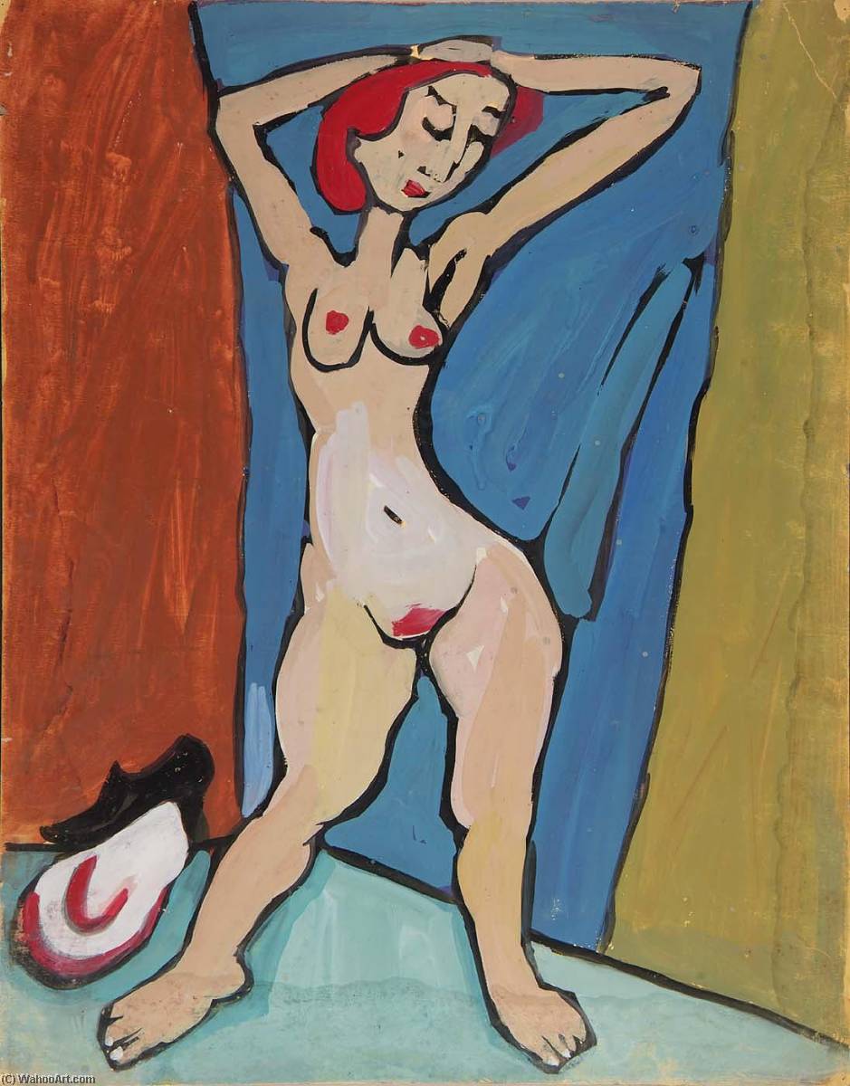 Standing Female Nude With Red Hair And Hands On Head — William H. Johnson