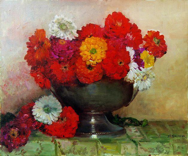 Zinnias À La Coupe D'étain (titre Inscrit) — Joseph-félix Bouchor
