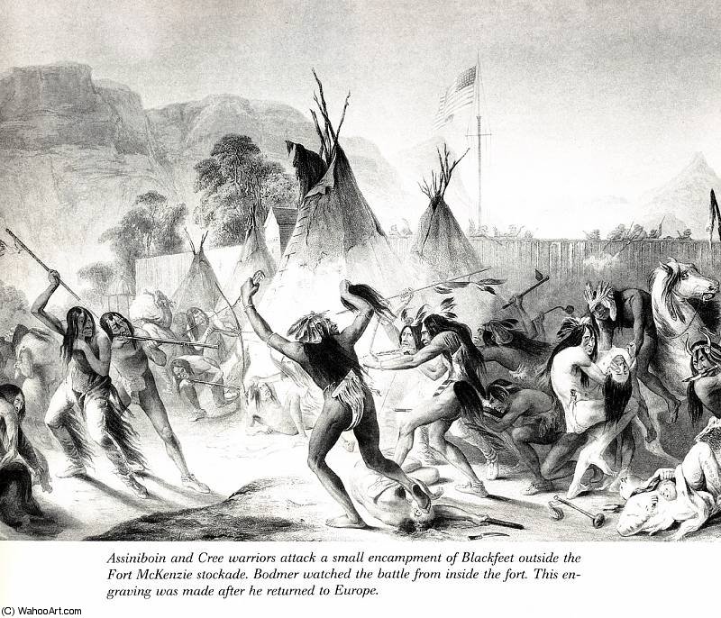 Assiniboin And Cree Warriors Attack Blackfeet — Karl Bodmer