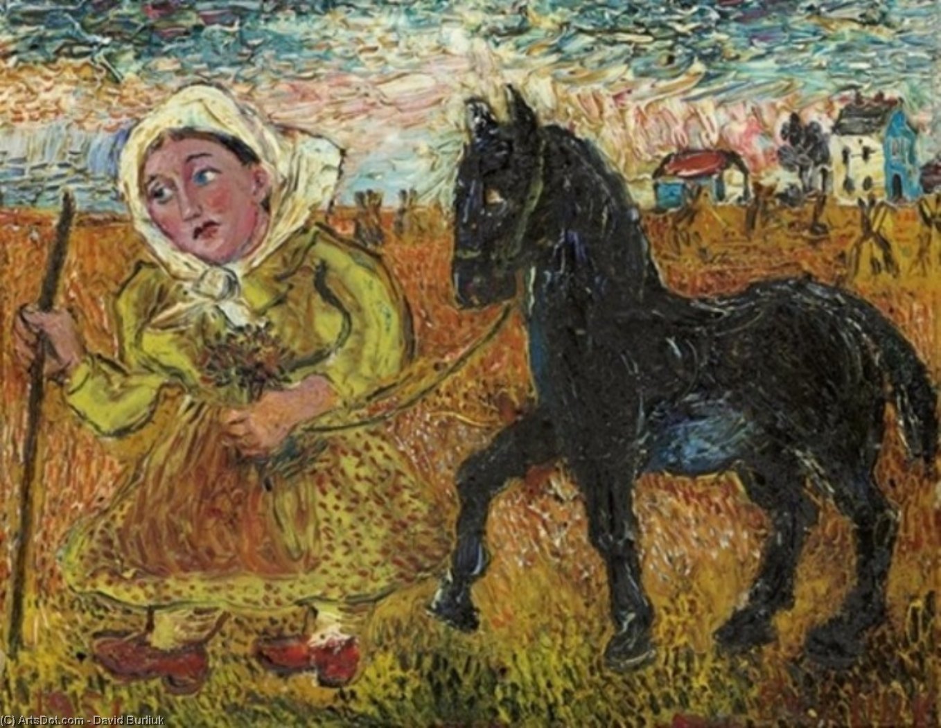 Woman In Yellow Dress With Black Horse — David Davidovich Burliuk