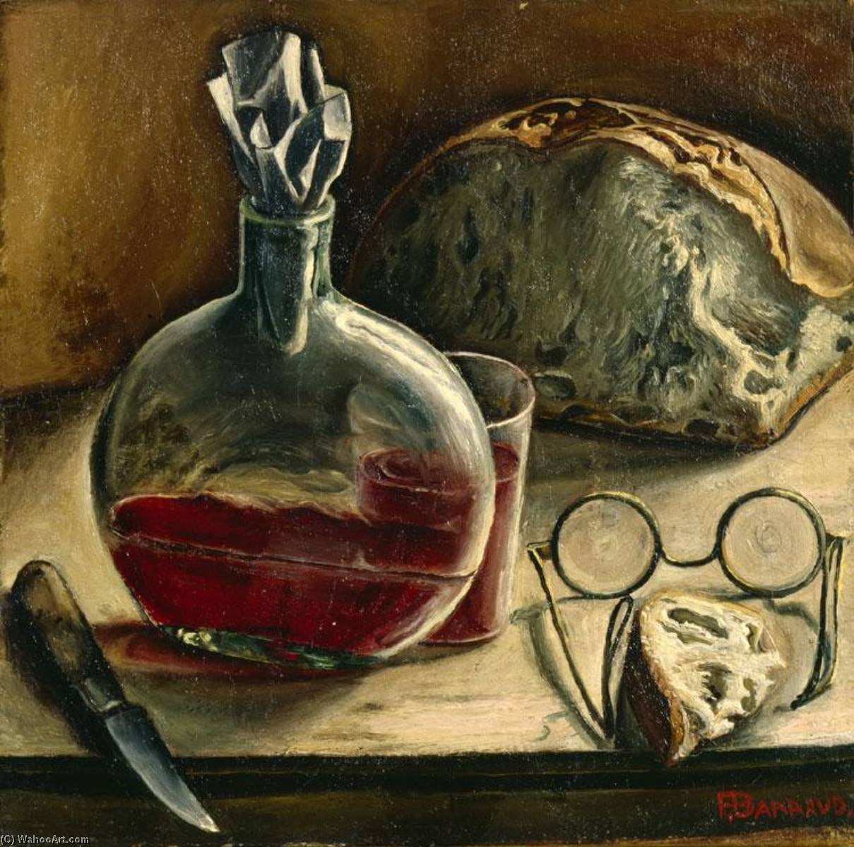 Français Nature Morte Avec Carafe De Vin, Pain Et Lunettes — François Emile Barraud