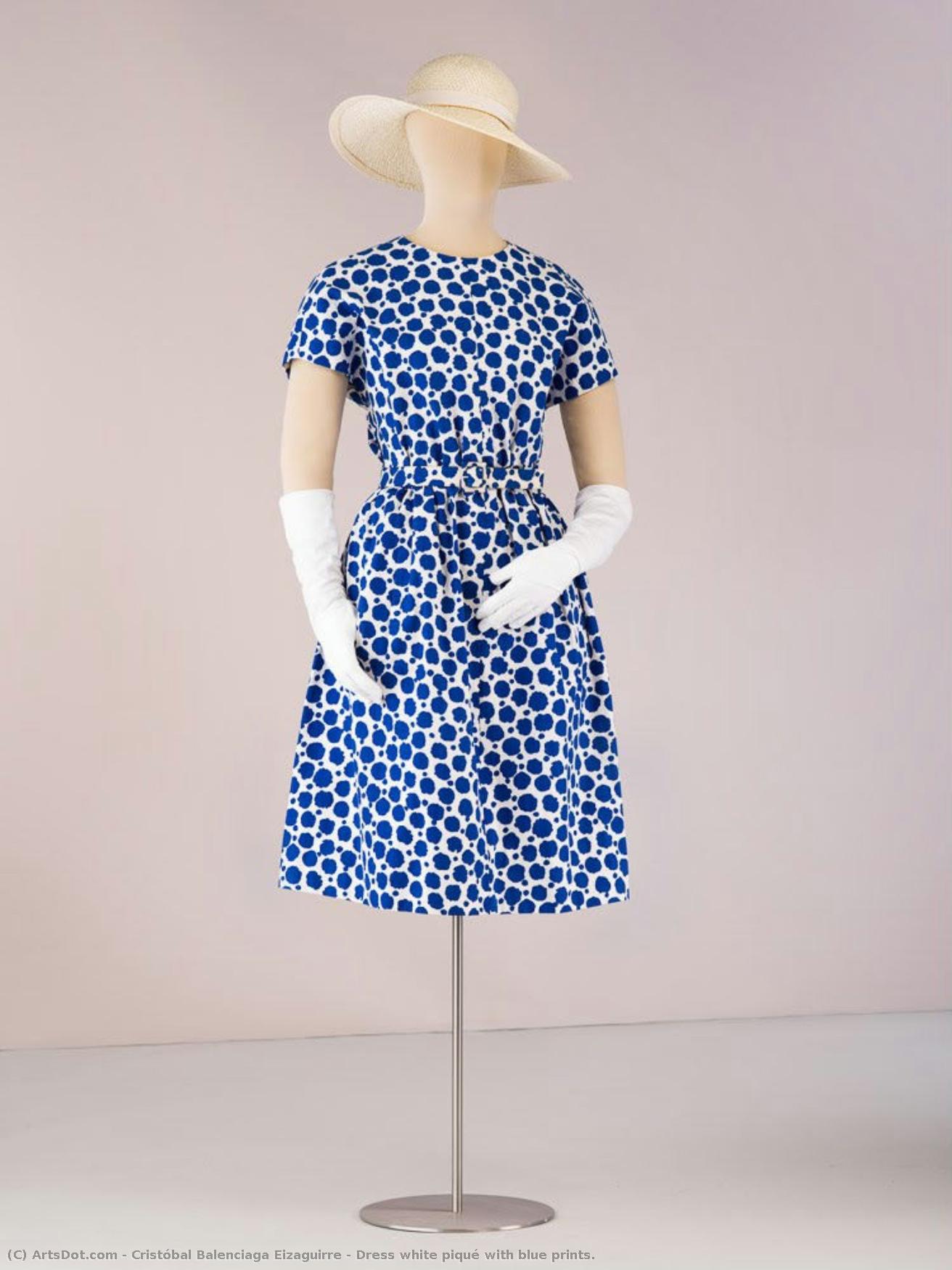 Dress White Piqué With Blue Prints. — Cristóbal Balenciaga Eizaguirre