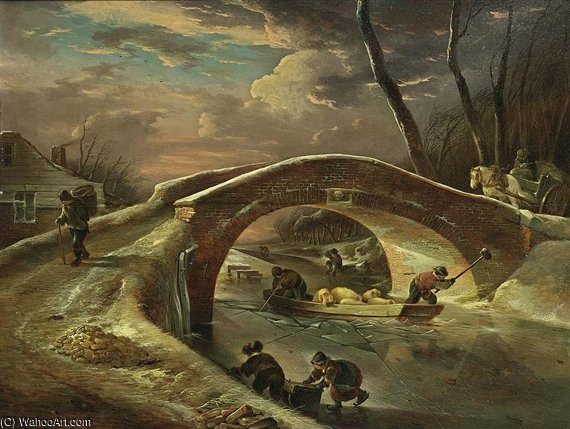 A Winter Landscape With A Horse Drawn Cart Going Over A Bridge, Peasants Transporting Pigs Over The River, And Children Sledging — Andries Vermeulen