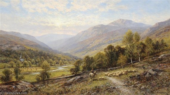 An Extensive Valley Landscape With A Figure On A Horse And Sheep Grazing — Alfred I Glendening