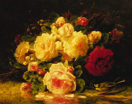 Roses With A Blue Tit By A Stream — Jean Baptiste Robie