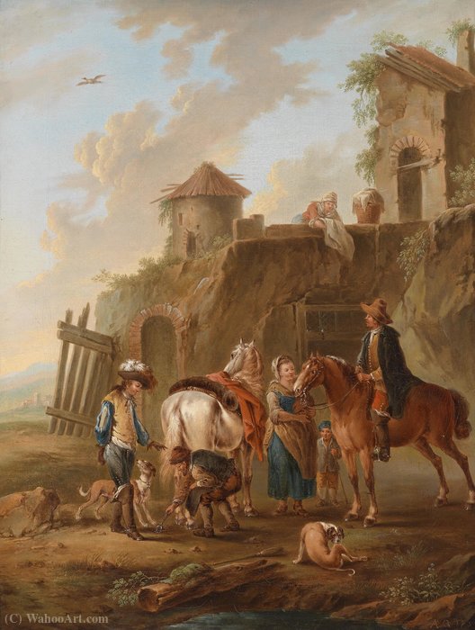A Hunting Party In The Catch In Front Of A House — August Querfurt