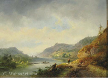 A River Winding Through Hills, A Town In The Distance — Hendrik Pieter Koekkoek