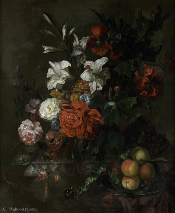 Poppies, Lilies, Roses And Other Flowers In A Glass Vase On A Draped Marble Ledge, With Peaches On A Pewter Dish, A Butterfly And A Snail On A Marble Ledge — Ernst Stuven