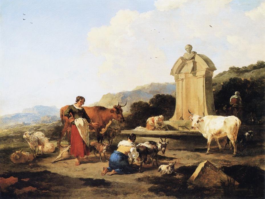 Roman Fountain With Cattle And Figures — Nicolaes Pietersz Berchem